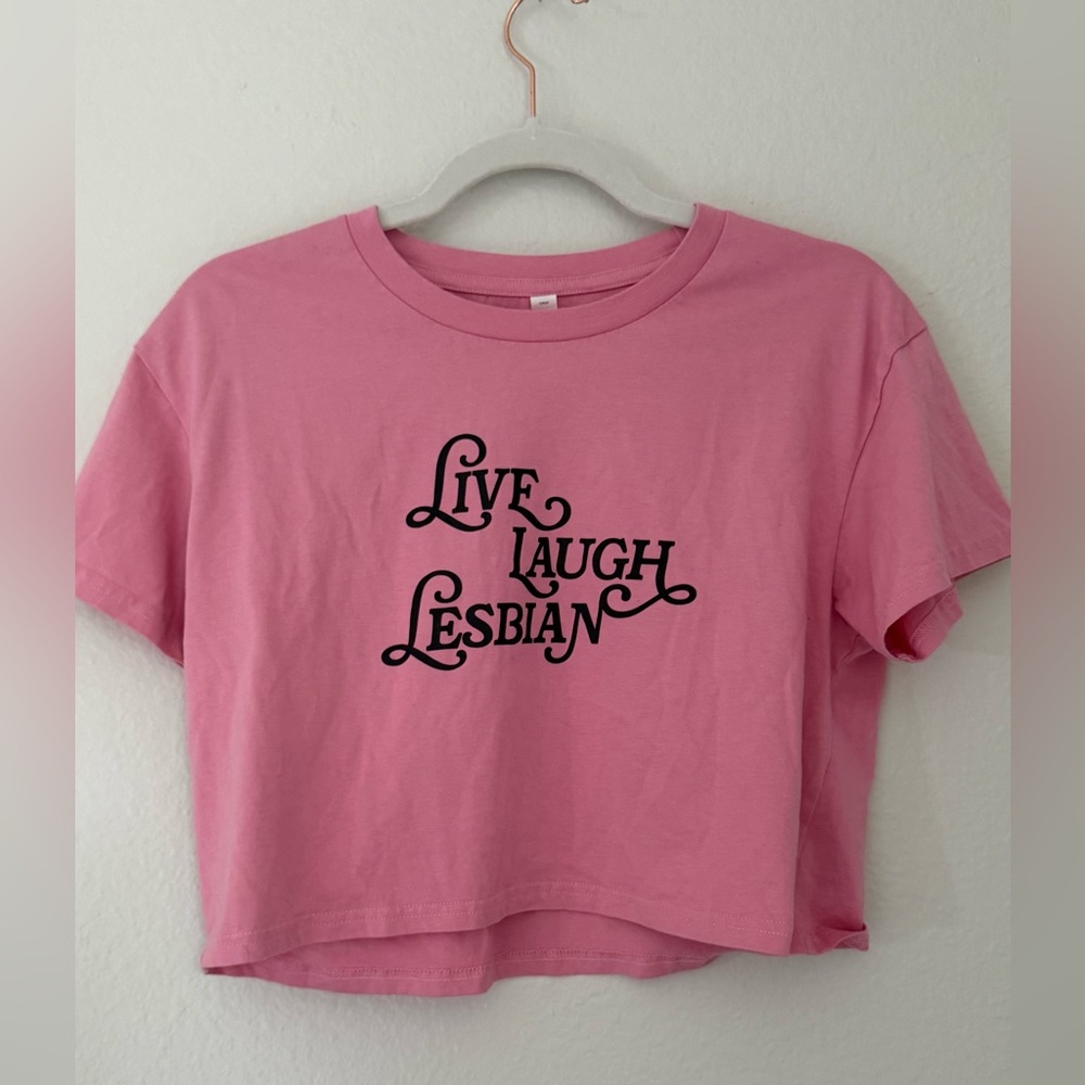 Pink Live Laugh Lesbian Graphic Crop Top (Pride(